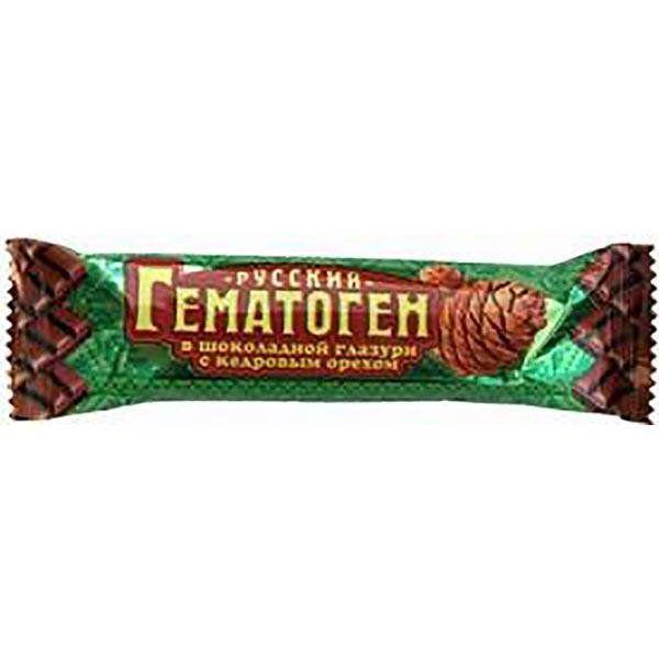 ГЕМАТОГЕН РУССКИЙ С КЕДРОВЫМ ОРЕХОМ В ШОКОЛАДНОЙ ГЛАЗУРИ 40.0